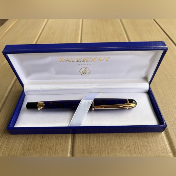 Vintage Waterman Paris Blue Marble Gold Trim Ballpoint Pen with Case - Picture 2 of 9